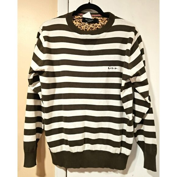 Paul Smith Men's Crew Neck Jumper Pullover Sweater Stripe Size L Green Slim - Picture 1 of 9